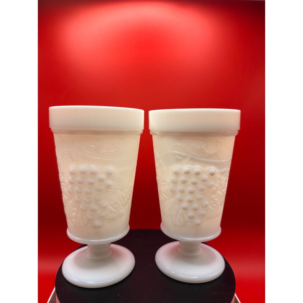 Vintage White Milk Glass Grape Harvest Footed Goblets Set of 2 Tumblers 6in